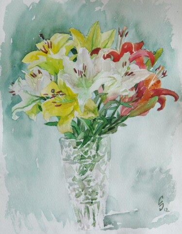 Painting titled "Lilies" by Sergey Sovkov, Original Artwork, Watercolor
