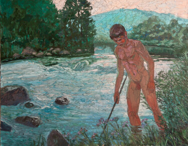 Painting titled "Fisherman" by Sergey Sovkov, Original Artwork, Oil Mounted on Wood Stretcher frame