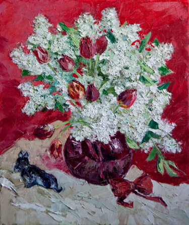 Картина под названием "Lilac Bouquet on Red" - Sergey Sovkov, Подлинное произведение искусства, Масло