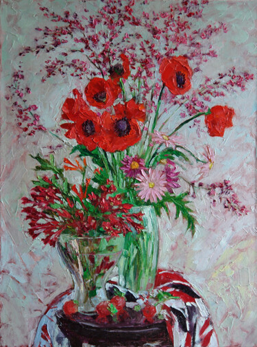 Painting titled "Poppy, Honeysuckle…" by Sergey Sovkov, Original Artwork, Oil