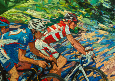 Schilderij getiteld "Cyclists" door Sergey Sovkov, Origineel Kunstwerk, Olie