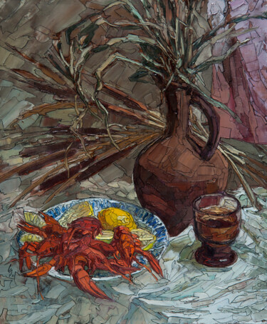 Painting titled "Reeds and crayfish" by Sergey Sovkov, Original Artwork, Oil