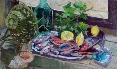 Painting titled "Still Life with Fish" by Sergey Sovkov, Original Artwork, Oil