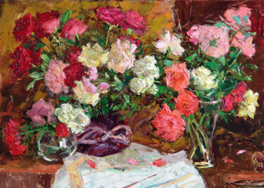 Painting titled "Still life with ros…" by Sergey Sovkov, Original Artwork, Oil
