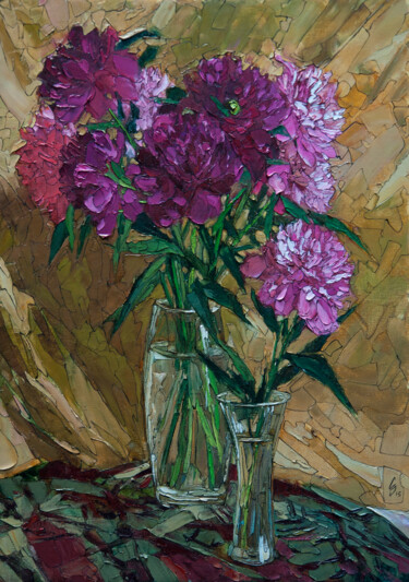 Painting titled "Peonies on a golden…" by Sergey Sovkov, Original Artwork, Oil