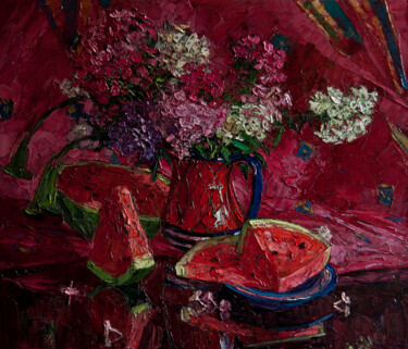 Malerei mit dem Titel "Watermelon and Phlox" von Sergey Sovkov, Original-Kunstwerk, Öl