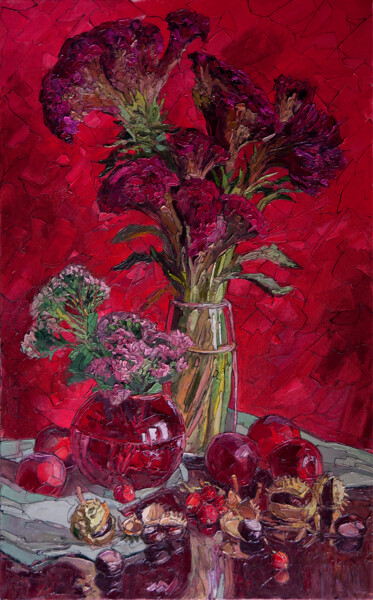 Schilderij getiteld "Red Autumn" door Sergey Sovkov, Origineel Kunstwerk, Olie
