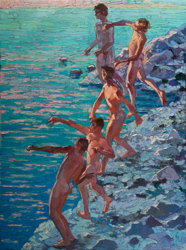 Painting titled "Stone skipping" by Sergey Sovkov, Original Artwork, Oil