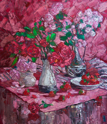 Schilderij getiteld "Roses and Strawberr…" door Sergey Sovkov, Origineel Kunstwerk