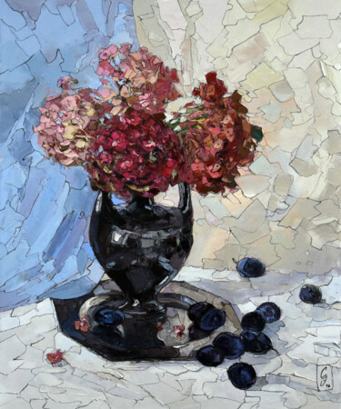 Painting titled "Hortensia and Plums" by Sergey Sovkov, Original Artwork, Oil