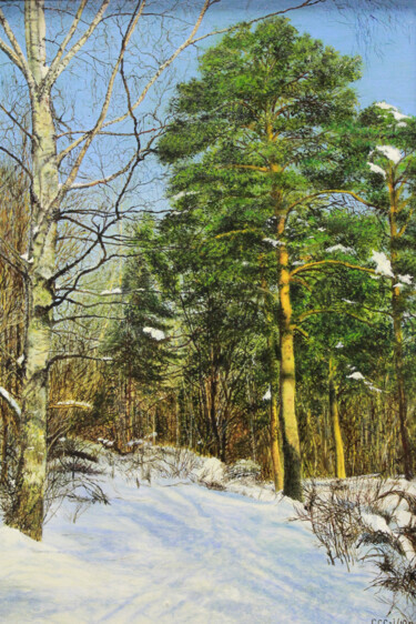 Painting titled "FROSTY MORNING" by Sergey Suslov, Original Artwork, Oil Mounted on Wood Stretcher frame
