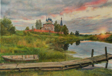 Painting titled "SUNSET IN DUNILOVO" by Sergey Suslov, Original Artwork, Oil Mounted on Wood Stretcher frame