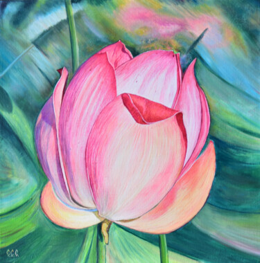 Painting titled "Lotus in the bud" by Sergey Suslov, Original Artwork, Oil Mounted on Wood Stretcher frame