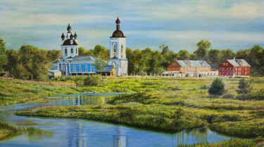 Painting titled "Village Church" by Sergey Suslov, Original Artwork, Oil Mounted on Wood Stretcher frame