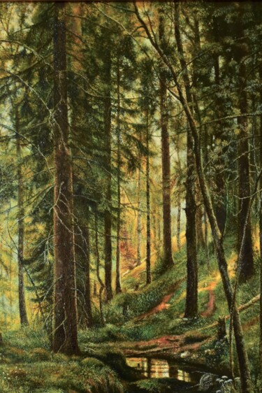 Painting titled "Stream in the forest" by Sergey Suslov, Original Artwork, Oil Mounted on Wood Stretcher frame