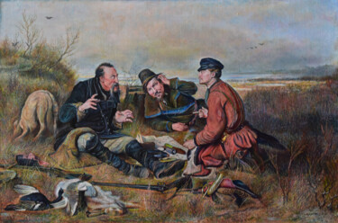 Painting titled "Hunters at a halt" by Sergey Suslov, Original Artwork, Oil Mounted on Wood Stretcher frame