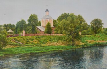 Painting titled "CHURCH BY THE RIVER" by Sergey Suslov, Original Artwork, Oil Mounted on Wood Stretcher frame