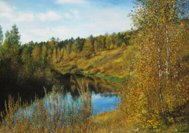 Painting titled "Breath of autumn" by Sergey Suslov, Original Artwork, Oil Mounted on Wood Stretcher frame