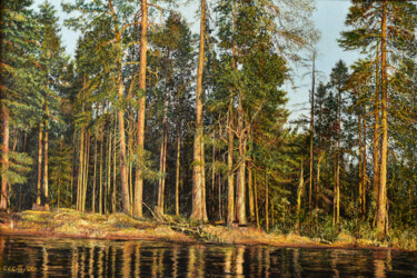 Painting titled "PINE TREES ILLUMINA…" by Sergey Suslov, Original Artwork, Oil Mounted on Wood Stretcher frame
