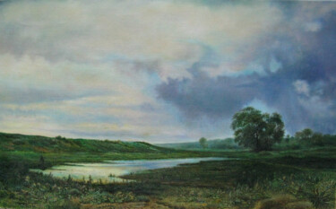 Painting titled "Wet meadow" by Sergey Suslov, Original Artwork, Oil Mounted on Wood Stretcher frame