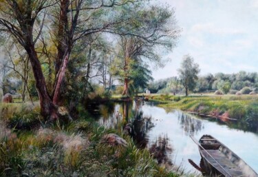 Painting titled "Summer landscape wi…" by Sergey Suslov, Original Artwork, Oil Mounted on Wood Stretcher frame