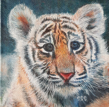 Peinture intitulée "Tiger cub" in a fra…" par Sergey Suslov, Œuvre d'art originale, Huile