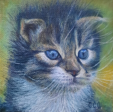 Painting titled "Kitty" in a frame" by Sergey Suslov, Original Artwork, Oil Mounted on Cardboard