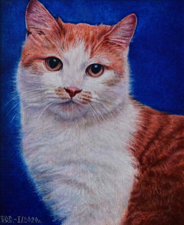 Painting titled "White-red cat" by Sergey Suslov, Original Artwork, Oil Mounted on Wood Stretcher frame