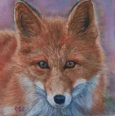 Painting titled "Fox" in a frame" by Sergey Suslov, Original Artwork, Oil Mounted on Cardboard
