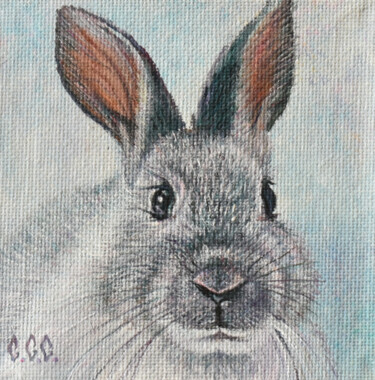 Painting titled "Gray bunny, easter"…" by Sergey Suslov, Original Artwork, Oil Mounted on Cardboard
