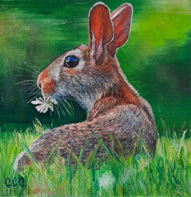 Painting titled "Bunny, easter" in a…" by Sergey Suslov, Original Artwork, Oil Mounted on Cardboard