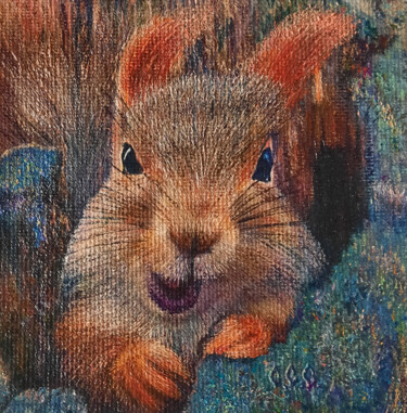 Malarstwo zatytułowany „Squirrel" in a frame” autorstwa Sergey Suslov, Oryginalna praca, Olej Zamontowany na Karton