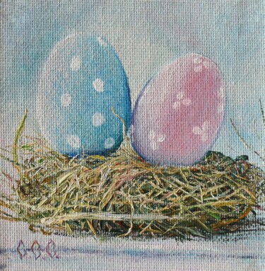 Painting titled "Eggs in the nest, E…" by Sergey Suslov, Original Artwork, Oil Mounted on Cardboard