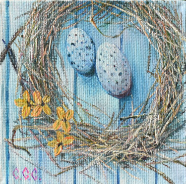 Картина под названием "Easter wreath" in a…" - Sergey Suslov, Подлинное произведение искусства, Масло Установлен на картон