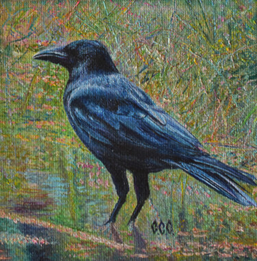 Peinture intitulée "Crow" in a frame" par Sergey Suslov, Œuvre d'art originale, Huile Monté sur Carton
