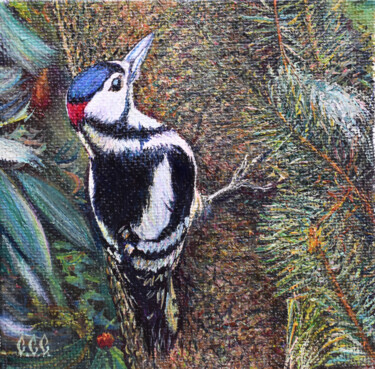Painting titled "WOODPECKER" in a fr…" by Sergey Suslov, Original Artwork, Oil Mounted on Cardboard
