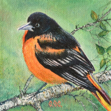 Painting titled "Oriole" in a frame" by Sergey Suslov, Original Artwork, Oil Mounted on Cardboard