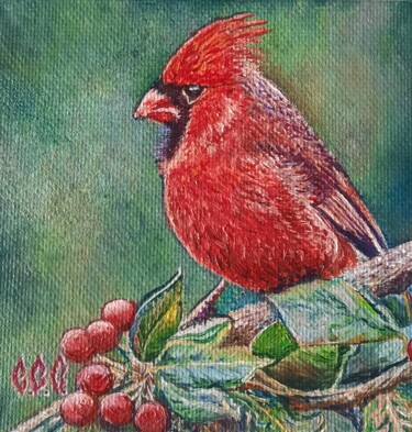 Painting titled "Cardinal on branch"…" by Sergey Suslov, Original Artwork, Oil Mounted on Cardboard