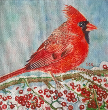 Painting titled "Cardinal with rowan…" by Sergey Suslov, Original Artwork, Oil Mounted on Cardboard