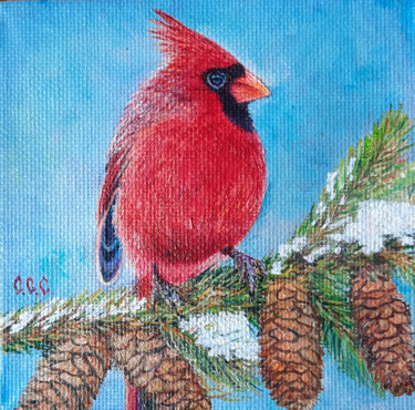 Painting titled "Cardinal with cones…" by Sergey Suslov, Original Artwork, Oil Mounted on Cardboard
