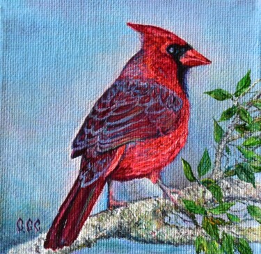 Painting titled "Cardinal bird" in a…" by Sergey Suslov, Original Artwork, Oil Mounted on Cardboard