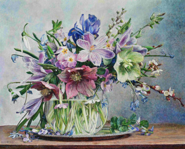 Painting titled "Spring flowers" by Sergey Suslov, Original Artwork, Oil Mounted on Wood Stretcher frame