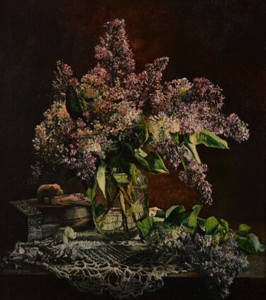 Painting titled "Lilac bouquet" by Sergey Suslov, Original Artwork, Oil Mounted on Wood Stretcher frame