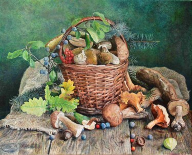 Painting titled "Mushrooms in a wick…" by Sergey Suslov, Original Artwork, Oil Mounted on Wood Stretcher frame