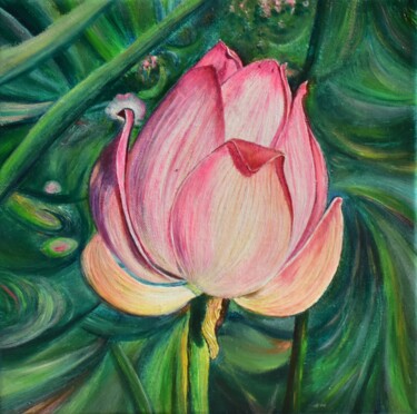 Painting titled "Lotus in bud" by Sergey Suslov, Original Artwork, Oil Mounted on Wood Stretcher frame