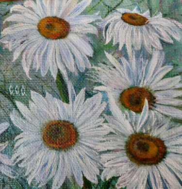 Painting titled "Daisies"  in a frame" by Sergey Suslov, Original Artwork, Oil Mounted on Cardboard