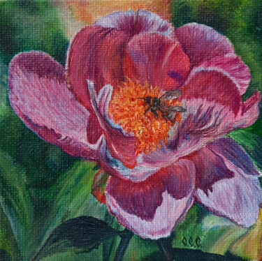Painting titled "Bee on a peony" in…" by Sergey Suslov, Original Artwork, Oil Mounted on Cardboard