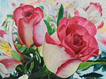 Painting titled "Roses for your belo…" by Sergey Suslov, Original Artwork, Oil Mounted on Wood Stretcher frame