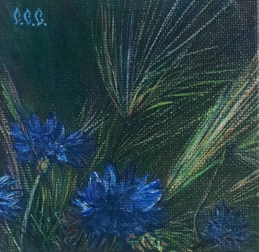 Pittura intitolato "Cornflowers with sp…" da Sergey Suslov, Opera d'arte originale, Olio Montato su Cartone