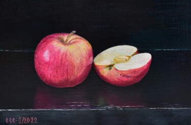 Painting titled "Red apples" by Sergey Suslov, Original Artwork, Oil Mounted on Wood Stretcher frame